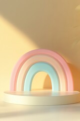 Wall Mural - Colorful rainbow-shaped podium with soft pastel shades enhancing modern design in a spacious setting perfect for text overlay