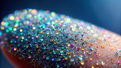 Poster - Close-up view of iridescent glitter particles on a textured surface, reflecting vibrant colors and light
