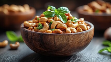 Wall Mural - Roasted cashews in a wooden bowl, garnished with fresh basil.