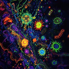 Fototapete - Magnified view of colorful viruses and bacteria in a vibrant scientific representation. Generative AI