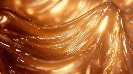 Wall Mural - An abstract, glossy surface with smooth, flowing waves in shimmering gold and orange hues, creating a visually appealing, reflective design.