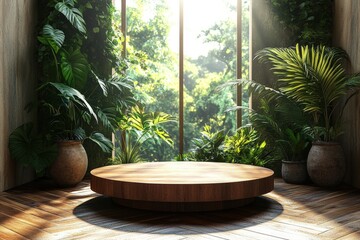Poster - stunning round wooden podium surrounded by lush greenery and natural light in a serene indoor settin