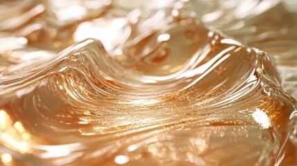 Wall Mural - An abstract close-up of a glossy surface featuring fluid, golden waves that reflect light, conveying a sense of movement and elegance.