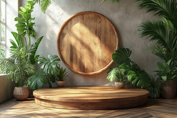 Poster - beautiful round wooden podium in a lush green space surrounded by tropical plants and natural light