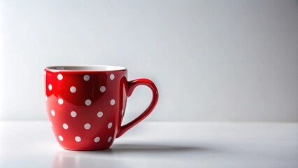 Poster - A red mug with white polka dots sits on a white surface against a bright background.