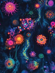 Fototapete - Magnified viruses depicted in vibrant colors showcasing intricate structures and diverse shapes in a scientific exploration. Generative AI