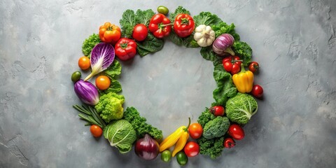 Poster - Vibrant assortment of fresh vegetables arranged in a circular frame on a textured surface, perfect for healthy eating or recipe concepts