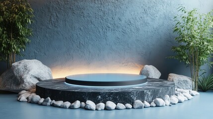 Poster - Elegant Black Podium with Glass and LED Lights Surrounded by Decorative Stones and Green Plants in Modern Indoor Setting