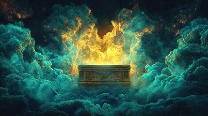Wall Mural - Divine revelation of the ark of the covenant surrounded by celestial flames digital art mystical atmosphere awe-inspiring view