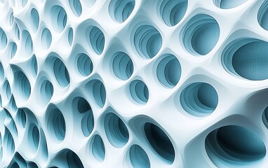 Poster - Abstract blue and white 3D textured surface with organic holes.