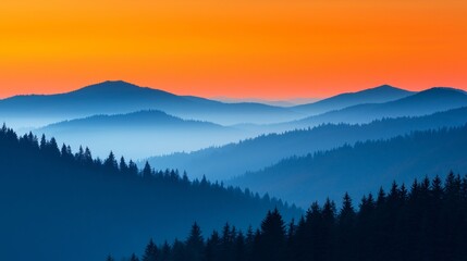 Vibrant sunset over layered blue mountains and dark forest.