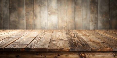 Poster - Rustic Wooden Tabletop with a Blurred Wooden Wall Background, Ideal for Product Placement and Display