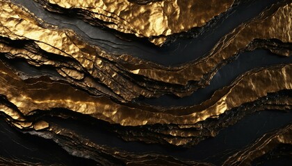 Wall Mural - Abstract layered dark gold metallic texture with rugged edges and glowing highlights