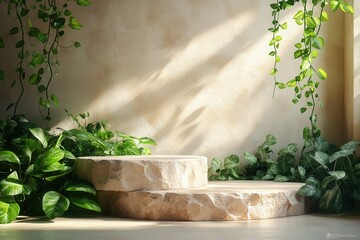 Poster - serene natural space with ivy leaves and grass surrounding stone steps in a softly lit environment