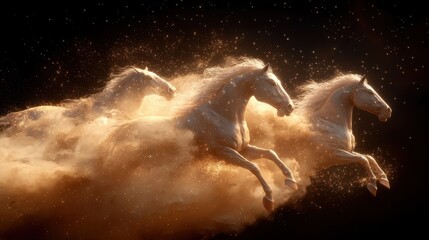 Poster - Majestic horses galloping through cosmic dust ethereal landscape digital art fantasy realm dynamic perspective