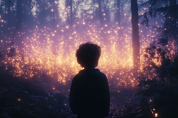 Aufkleber - In a forest glowing with lights, a child stands amidst sparkling orbs illuminating the woods, capturing the enchantment and mysterious allure of the tranquil scene.