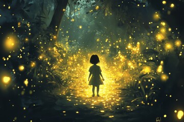 Poster - A child walks down a glowing path, surrounded by twinkling fireflies creating an enchanting and otherworldly atmosphere, filled with awe and magic in the night forest.