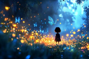Aufkleber - A silhouetted child stands amidst a vibrant scene filled with glowing butterflies and soft lights, creating a dreamlike atmosphere of wonder and magic in the forest.
