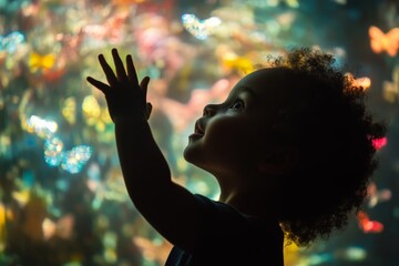 Poster - A side profile of a child, reaching upward, captivated by colorful, glowing butterflies surrounding them in a wondrous and dreamlike environment.