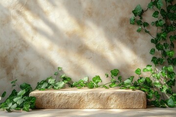 Poster - lush green ivy leaves cascading over a natural stone surface surrounded by soft light in a serene in