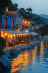 Village pittoresque en bord de mer avec reflets lumineux au crépuscule