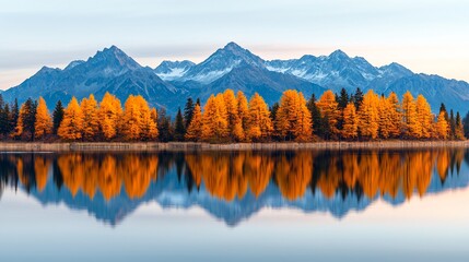 Sticker - Panoramic autumn landscape with golden trees reflected in a calm lake, snow-capped mountains in the background.