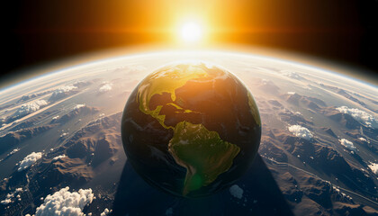 Wall Mural - Sun shining over a high detailed view of Planet Earth, Earth hour, eco concept, 3D render, digital art, with white tones