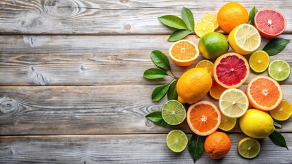Fototapete - A vibrant collection of citrus fruits arranged on a rustic wooden surface