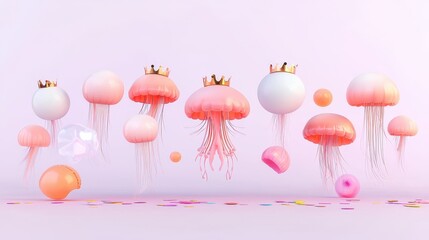 Poster - Playful Jellyfish with Crowns at a School Party Surrounded by Colorful Decorations and Bubbles