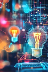 Poster - Creative digital workspace background featuring glowing light bulbs, pencils, and paintbrushes in a modern abstract design