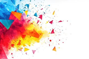 Poster - Colorful dynamic explosion of paint splashes with geometric shapes and a large clean space for creative text overlay