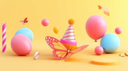 Poster - Colorful Butterfly and Birthday Party Decorations with Glittery Hats and Balloons Against a Bright Yellow Background