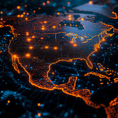 Poster - Digital map of North America with glowing orange network connections