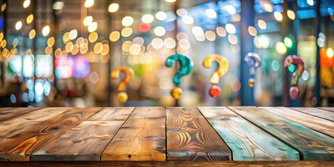 Poster - Rustic Wooden Tabletop with Blurred Background of Colorful Question Marks and Festive Lights