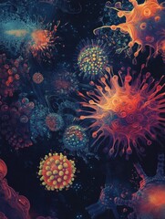 Fototapete - Magnified view of colorful viruses showcasing intricate details and diverse forms in a scientific illustration. Generative AI