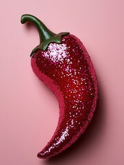 Sparkling red chili pepper covered in glitter against a soft pink background showcasing a creative artistic design