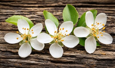 Wall Mural - White flowers with green leaves on rustic wood background, spring nature theme.