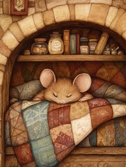 Poster - Cute mouse snuggled under a quilt in a cozy nook with shelves of jars and books in a warm setting. Generative AI