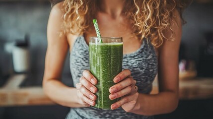Poster - Holistic health approaches captured with a smiling person enjoying a green smoothie Stock Photo with side copy space