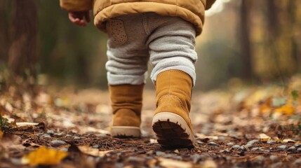 child walking on a wooded path covered with fallen leaves during autumn, showcasing soft boots and c