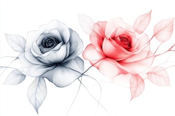 Aufkleber - A clean line art depiction of two intertwined roses, drawn with soft gradients in pink and red tones on a white background