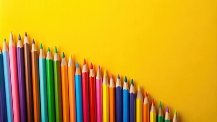 Poster - Vibrant colored pencils arranged in a playful curve against a sunny yellow backdrop, ideal for education, art, and creativity themes.