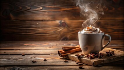 Poster - Aromatic Steaming Whipped Coffee Drink with Cinnamon Sticks and Star Anise on Rustic Wooden Table