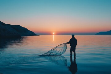 Aufkleber - A peaceful fisherman stands with a net, gazing into the distance along a tranquil shoreline at dawn, capturing a moment of reflection and solitude in nature.
