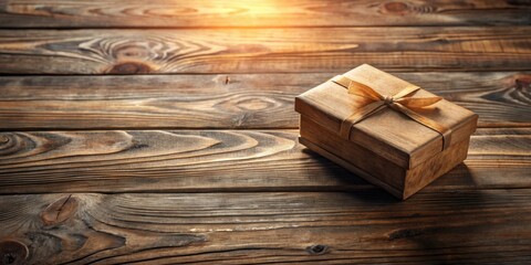 Poster - A rustic wooden gift box with a gold ribbon sits on a weathered wood surface