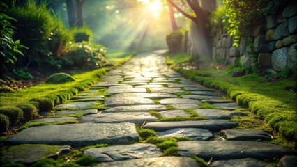 Poster - Sunlit Stone Path Through a Lush Green Garden