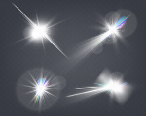 Wall Mural - set of glowing light effects with starbursts and radiating beams on a transparent background, ideal 