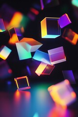 Poster - floating geometric shapes create a vibrant abstract composition in neon colors with glowing light re