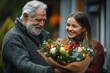 © ChaoticMind - An elderly man, warmly dressed in gray, receives a floral gift from a young family member, embodying the warmth of family connection and generational bonds.