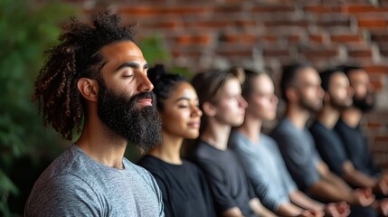 Poster - A guided meditation class focusing on mindfulness and stress management Stock Photo with side copy space